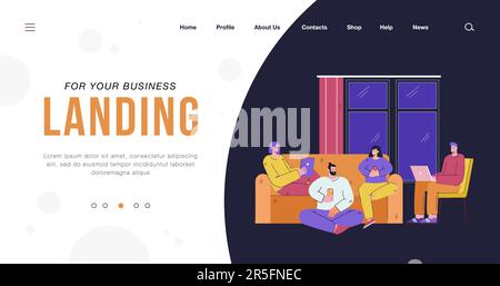 Amici felici seduti in salotto con dispositivi digitali Illustrazione Vettoriale