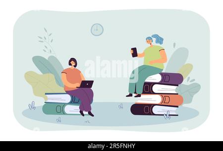Studenti di sesso femminile che studiano utilizzando un computer portatile e uno smartphone Illustrazione Vettoriale