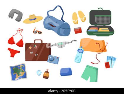 Doodle cose da viaggio. Set di immagini uomini in viaggio in vacanza.  Tariffe per bagagli, oggetti, abiti e scarpe. Set da uomo. Tutti gli  elementi sono isolati Immagine e Vettoriale - Alamy