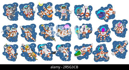 Simpatici personaggi animalier come set di adesivi astronauti Illustrazione Vettoriale