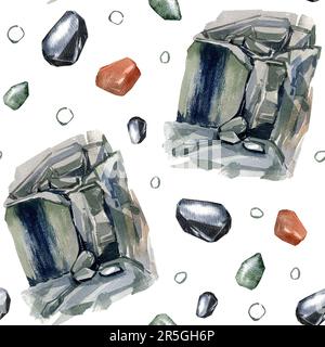 Senza cuciture motivo granito grigio pietra conglomerato pietra isolato su sfondo bianco. Acquerello handrawing natura geologia illustrazione. Arte per il design Foto Stock