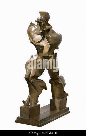 Statua antropomorfa in bronzo (umana come) forme uniche di continuità nello spazio di Boccioni isolato sullo sfondo Foto Stock