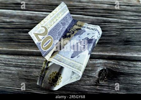 Corrugato Arabia Saudita denaro di 20 SAR Twenty riyals con logo vertice G20, foto di re Salman, mappa del mondo, carta di credito increspata banconota, denaro Saudita in Foto Stock