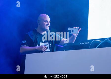 Bergamo, Italia. 03rd giugno, 2023. Jeffrey Jay, Eiffel 65 durante Eiffel 65, Concerto musicale a Bergamo, Italia, Giugno 03 2023 Credit: Independent Photo Agency/Alamy Live News Foto Stock