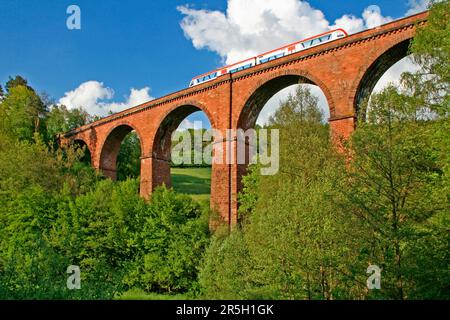 Viadotto Himbaechel, Erbach-Hetzbach, vicino a Michelstadt, Odenwald, Assia, Odenwaldbahn, costruito nel 1880, Germania Foto Stock