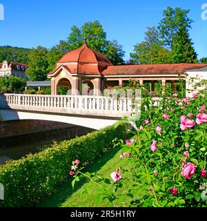 Parco termale, fiume Sinn, padiglione, passerelle coperte, città termale, Bad Brueckenau, Baviera, Germania Foto Stock