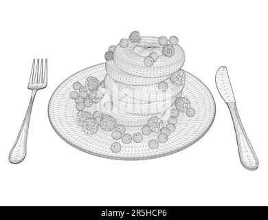 Wireframe di biscotti con bacche su un piatto con un cucchiaio e forchetta da linee nere isolate su uno sfondo bianco. Dessert con lamponi. Isometri Illustrazione Vettoriale