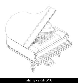 Contorno di un pianoforte a coda vintage da linee nere isolate su sfondo bianco. Vista isometrica. 3D. Illustrazione vettoriale. Illustrazione Vettoriale