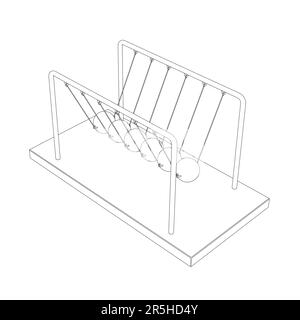 Profilo del pendolo cinetico di Newton da linee nere isolate su sfondo bianco. Vista isometrica. 3D. Illustrazione vettoriale. Illustrazione Vettoriale