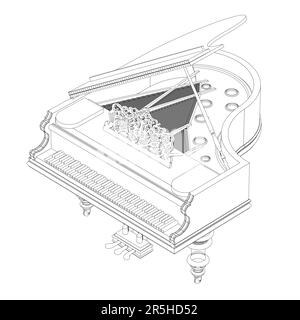 Contorno di un pianoforte a coda vintage da linee nere isolate su sfondo bianco. Vista isometrica. 3D. Illustrazione vettoriale. Illustrazione Vettoriale