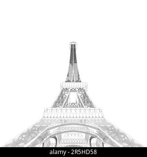 Profilo della Torre Eiffel da linee nere isolate su sfondo bianco. Torre dettagliata. Vista dal basso. 3D. Illustrazione vettoriale. Illustrazione Vettoriale