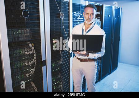 HES è un mago per quanto riguarda la gestione dei sistemi IT. Ritratto di un uomo maturo che utilizza un notebook mentre lavora in una sala server. Foto Stock