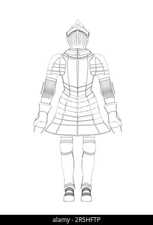 Il profilo dell'armatura di un soldato medievale dalle linee nere isolate su uno sfondo bianco. Vista frontale. Illustrazione vettoriale. Illustrazione Vettoriale