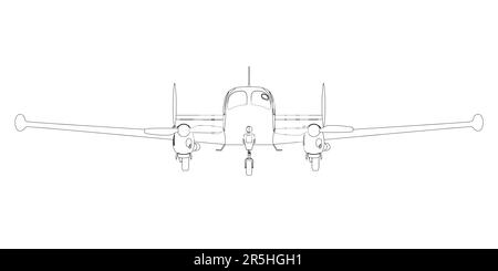 Profilo di un aeroplano con eliche da linee nere isolate su sfondo bianco. Vista frontale. Illustrazione vettoriale. Illustrazione Vettoriale