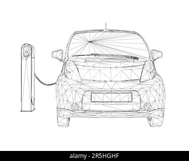 Struttura a reticolo di un'auto elettrica in piedi su una carica da linee nere isolate su uno sfondo bianco. Modello a basso poly car. Vista frontale. 3D. Illustrazione vettoriale Illustrazione Vettoriale