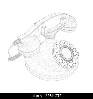 Struttura a reticolo di un vecchio telefono cablato da linee nere isolate su sfondo bianco. Vista isometrica. 3D. Illustrazione vettoriale. Illustrazione Vettoriale