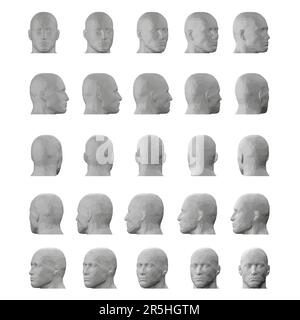 Set con modello a testa maschio in diverse posizioni isolate su sfondo bianco. La testa gira di quindici gradi. 3D. Illustrazione vettoriale. Illustrazione Vettoriale