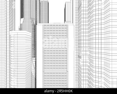 Profilo della città con grattacieli dalle linee nere isolate su uno sfondo bianco. Vista della città con molti edifici a più piani. 3D. Vettore il Illustrazione Vettoriale