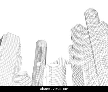 Profilo della città con grattacieli dalle linee nere isolate su uno sfondo bianco. Vista della città con molti edifici a più piani. 3D. Vettore il Illustrazione Vettoriale
