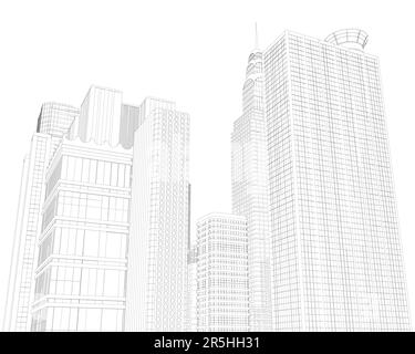 Profilo della città con grattacieli dalle linee nere isolate su uno sfondo bianco. Vista della città con molti edifici a più piani. 3D. Vettore il Illustrazione Vettoriale