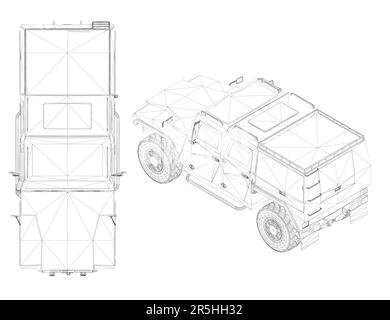 Linea nera combattimento jeep wireframe isolato su sfondo bianco. Vista isometrica dall'alto. 3D. Illustrazione vettoriale. Illustrazione Vettoriale