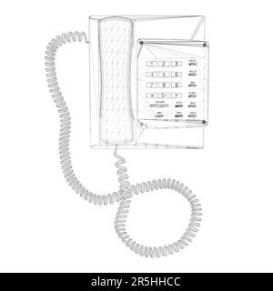 Wireframe di un telefono vintage via cavo da linee nere isolate su uno sfondo bianco. Vista dall'alto. 3D. Illustrazione vettoriale. Illustrazione Vettoriale