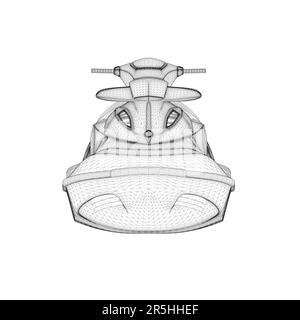 Wireframe scooter acquatico da linee nere isolate su sfondo bianco. Vista frontale. 3D. Illustrazione vettoriale. Illustrazione Vettoriale