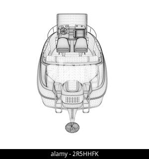 Wireframe dell'imbarcazione a motore da linee nere isolate su sfondo bianco. Vista posteriore. 3D. Illustrazione vettoriale. Illustrazione Vettoriale