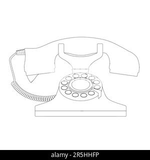 Profilo del telefono a filo domestico vintage di linee nere isolate su sfondo bianco. Vista frontale. Illustrazione vettoriale. Illustrazione Vettoriale