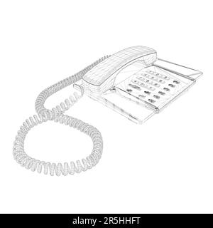 Wireframe di un telefono vintage via cavo da linee nere isolate su uno sfondo bianco. Vista prospettica. 3D. Illustrazione vettoriale. Illustrazione Vettoriale