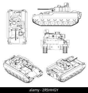 Con i contorni di un carro armato di battaglia dalle linee nere isolate su uno sfondo bianco. Vista isometrica, laterale, anteriore, superiore. Illustrazione vettoriale. Illustrazione Vettoriale