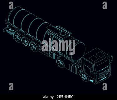 Descrizione dettagliata di un camion con un serbatoio per il trasporto da linee blu isolate su sfondo scuro. Vista isometrica. 3D. Illustrazione vettoriale. Illustrazione Vettoriale