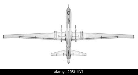 Le linee nere combattono la struttura a reticolo del drone isolato su sfondo bianco. Vista dal basso. 3D. Illustrazione vettoriale. Illustrazione Vettoriale