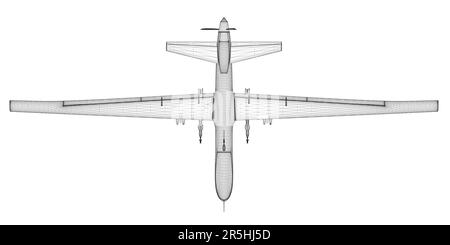 Le linee nere combattono la struttura a reticolo del drone isolato su sfondo bianco. Vista dall'alto. 3D. Illustrazione vettoriale. Illustrazione Vettoriale