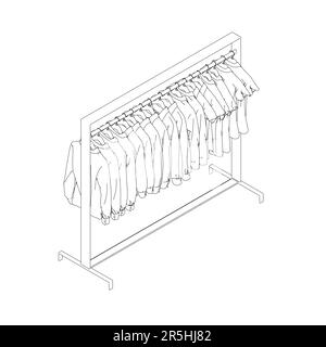 Contorno di abiti appesi su un appendiabiti da linee nere isolate su uno sfondo bianco. Un set di vestiti nel negozio. Vista isometrica. Illustrazione vettoriale Illustrazione Vettoriale
