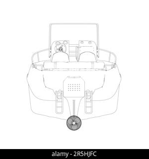 Profilo di una barca d'acqua da linee nere isolate su uno sfondo bianco. Vista posteriore. Illustrazione vettoriale. Illustrazione Vettoriale