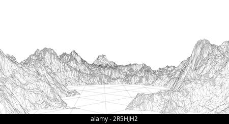 Struttura a reticolo di montagne poligonali da linee nere isolate su sfondo bianco. 3D. Illustrazione vettoriale. Illustrazione Vettoriale