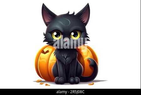 Carino gatto nero in un cappello di strega seduto su una zucca di Halloween Illustrazione Vettoriale