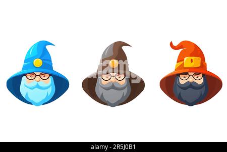 ui set illustrazione vettoriale di vecchio mago uomo con barba grigia e cappello magico isolato su sfondo bianco Illustrazione Vettoriale