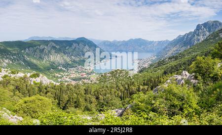 Un panorama a più immagini della Baia di Cattaro preso dalla serpentina di Cattaro in Montenegro nel maggio 2023. Foto Stock