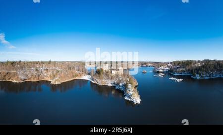 Rovine di Lichtenfels innevate nella regione di Waldviertel. Splendido e famoso punto di riferimento sul lago Ottenstein a Waldviertel, bassa Austria. Vista aerea in wi Foto Stock