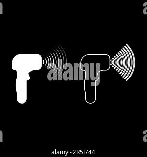 Emettitore di onde cannone elettronico termometro manuale frontale dispositivo a infrarossi per la misurazione della temperatura senza contatto digitale set icona bianca Illustrazione Vettoriale