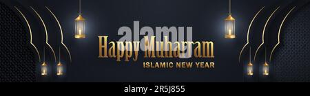 Happy Muharram, il nuovo anno islamico, il nuovo design Hijri con motivi dorati su sfondo colorato Illustrazione Vettoriale