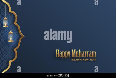 Happy Muharram, il nuovo anno islamico, il nuovo design Hijri con motivi dorati su sfondo colorato Illustrazione Vettoriale