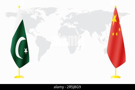 Bandiere di Cina e Pakistan per l'incontro ufficiale sullo sfondo della mappa mondiale. Illustrazione Vettoriale