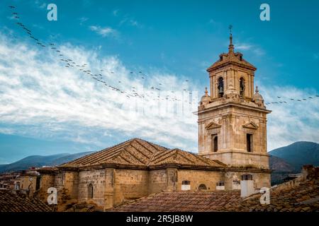 Vista sui tetti della città vecchia di Caravaca, Murcia, Spagna, con la chiesa parrocchiale di El Salvador, il suo campanile in stile rinascimentale e un floc Foto Stock