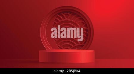 3D Podium round stage stile cinese, per Capodanno cinese e festival o festa di metà autunno con carta rossa taglio arte e artigianato su sfondo a colori wi Illustrazione Vettoriale