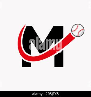 Lettera M Baseball Logo concetto con icona di Baseball in movimento modello vettoriale Illustrazione Vettoriale