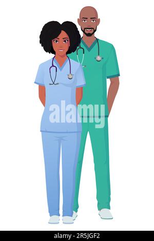 Infermiera maschile e femminile, medico personaggio in piedi e indossare scrub Vector Illustrazione Vettoriale
