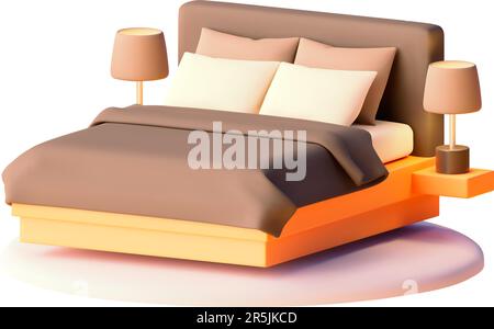 Letto vettoriale con letto e lampade da comodino. Arredamento moderno. Letto con coperta, cuscini, lampade Illustrazione Vettoriale